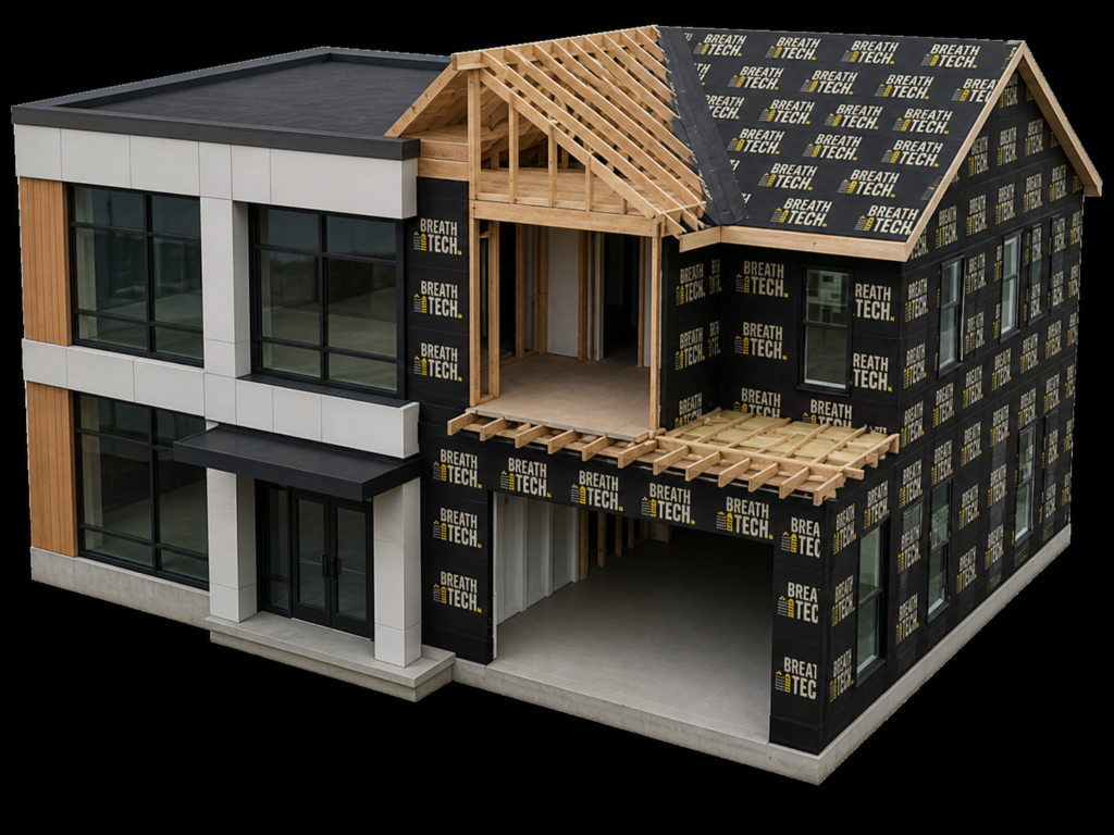 A cross-section model of a two-story home clad with BreathTech® breathable membrane.