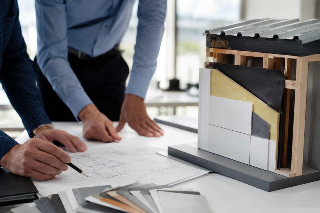 Two building consultants review architectural blueprints and a structural scale model on a desk.