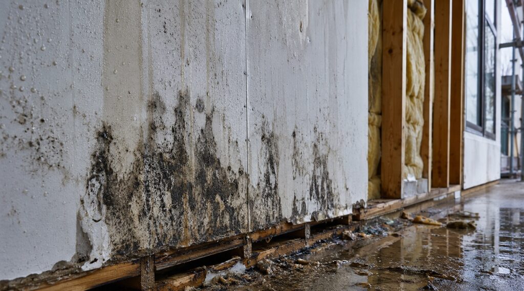 A wall with bad water damage shows creeping mold and mildew.